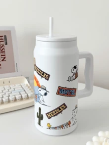 SNOOPY BAIT SHOP WhiteTumbler Cup 1500ml, Unique Design, Large Handle for Convenience, Contain PP Straw, Stainless Steel Inner Liner, Ideal for Outdoor or Indoor Use - 白色 - 查看 6