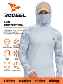 RODEEL 男士连帽T恤防晒衣带面罩拼色印花插肩速干透气长袖适合户外钓鱼徒步探险水上运动 - 灰色 - 查看 1