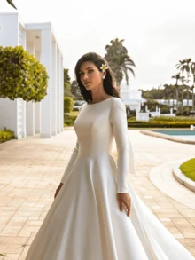 1pc White Boat Neck Long Sleeve Satin BAll Gown Wedding Dress With Bow & Train, Elegant Bridal Gown, All Seasons, Elegant And Comfortable, The Perfect Holiday Gift, Suitable For Wedding,Party, Singles' Party,Vacation,Bride,Formal Occasions,Dinner Dress,Prom Dress,Homecoming Dress,Cocktail Party,Birthday Party - 白色 - 查看 2
