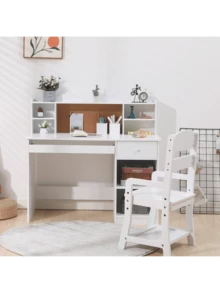 White Kids Desk, Study Desk and Chair Set with Bookshelf, Bulletin Board, and Cabinets - Ideal for Boys and Girls Ages 3-8 - Blanco - Ver 3