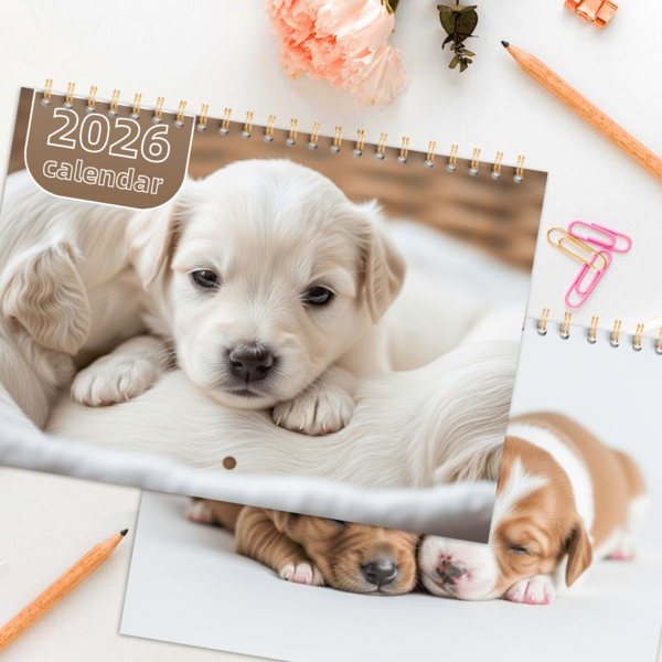 2026 Süßer Welpen Wandkalender: Neuer 2026 A4 Größe mit goldenem Metallring, Perlmutt-Material Wandkalender, erhellt jeden Tag! Süß Welpen Fotos schmelzen Ihr Herz im Handumdrehen! Geeignet zum Aufhängen an Wohnzimmer oder Schlafzimmer Wand für einfache Ansicht