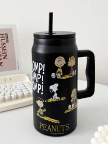 Snoopy CHOMP Black Tumbler Cup 1500ml, Unique Design, Large Handle for Convenience, Contain PP Straw, Stainless Steel Inner Liner, Ideal for Outdoor or Indoor Use - 黑色 - 查看 6
