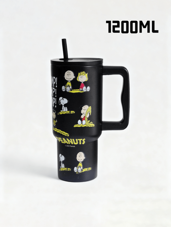 SNOOPY CHOMP Black Tumbler Ice Cup 1200ml, Unique Design, Large Capacity, Contain PP Straw, Stainless Steel Inner Liner, Ideal For Outdoor & Indoor Use, Perfect For Daily Use Or Office Occasion, Great For Traveling, Ideal Gift For Snoopy Fans