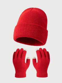 2pcs Set Candy Color Men Solid Knit Beanie Hat And Two-Finger Touchscreen Gloves, Warm And Versatile For Autumn/Winter Daily Wear And Outdoor Winter Warm