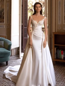 Vestido de novia blanco sin mangas con apliques de encaje y cola, corte sirena, elegante escote corazón, para todas las estaciones, elegante y cómodo, ideal para regalar en Navidad, bodas, fiestas, despedidas de soltero, vacaciones, novias, ocasiones formales, cenas, fiestas de graduación, cócteles y cumpleaños.