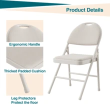 4 Pack Folding Chairs, Linen Padded Foldable Chair Set of 4, Heavy Duty Metal Folding Chair with Soft Cushion and Back, Upholstered Chair for Home Office Party, Gray - Beis - Ver 3