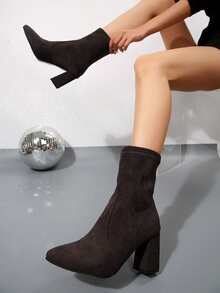 新款尖头粗跟女靴，百搭时尚踝靴 - 咖啡棕 - 查看 2
