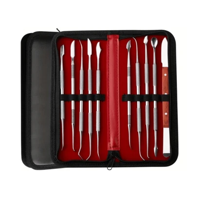 10pcs Stainless Steel Carving Knife Set, Includes Portable Handheld Rope Faux Leather Case, 3D Carving Non-Slip Handles, Suitable For Clay Sculpting, Carving, Ceramic Shaping, Wax Sculpting, Dental Mold, DIY Handcraft, Pottery Sculpting Tool Kit