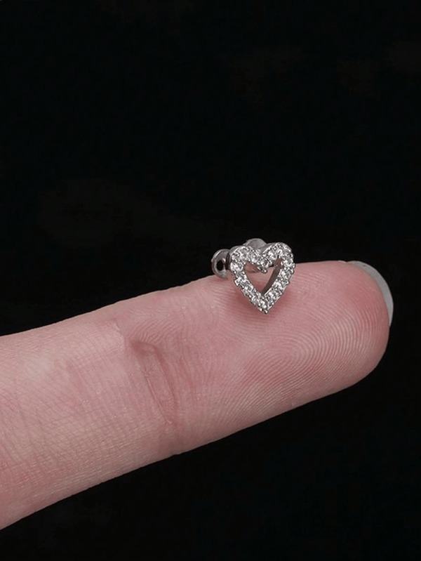 1pc Simple Stainless Steel Heart-Shaped Hollow Out Rhinestone Body Piercing Embedded Nails Valentines