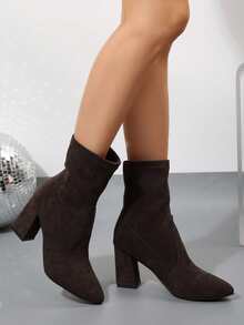 新款尖头粗跟女靴，百搭时尚踝靴 - 咖啡棕 - 查看 4