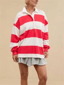 Women Striped Color Block Polo Sweatshirt Lapel Collared Long Sleeve Oversized Rugby Shirt Vintage Pullover Tops - 紅色 - 查看 1