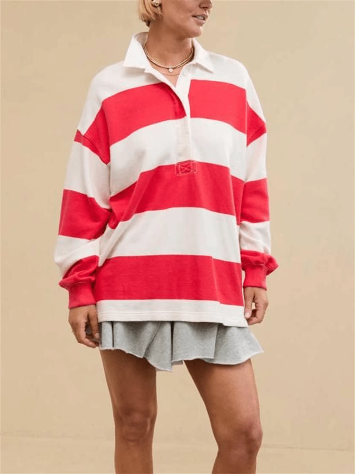 Women Striped Color Block Polo Sweatshirt Lapel Collared Long Sleeve Oversized Rugby Shirt Vintage Pullover Tops - 紅色 - 查看 1