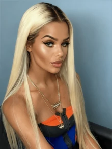 Omber Blonde Straight Lace Frontal Wigs For Women 13X6 HD Transparent Lace Front Wigs Human Hair 250 Density Brazilian Remy Glueless Wigs Human Hair Pre Plucked Bye Bye Knots Blonde Colored Bone Straight Wig Human Hair With Baby Hair - 根染&漸變色 - 查看 2