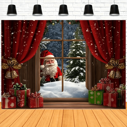 1pc Christmas Background Banner, Santa Claus Window Gift, Suitable For Holiday Parties - New Year Decoration - Celebration Activities - Christmas, Applicable For Holiday Theme Decoration, Photography Background Banner, Family Party Decoration, Winter Christmas Decoration.