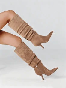 Women's Knee High Boots Wide Calf Suede Pointed Toe Kitten Heel Slouchy Tall Boots Outdoor,Fashionable For Date Night, Halloween,Christmas Party - 淺棕色 - 查看 6