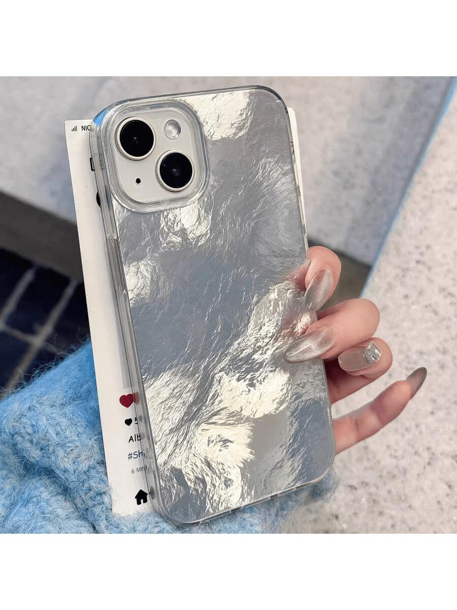 1pc Minimalist Glacier Texture 3D Embossed Asymmetrical Wave IMD Shockproof Phone Case, Gradient Silver Foil Laser Reflective Artistic Design, Suitable For Android/Compatible With OPPO/Compatible With VIVO/Compatible With Honor/Compatible With Redmi/Transsion/ Smartphones,International Version, Not The Domestic Version