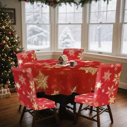 1/4/5/6/35pcs Christmas Snowflake Pattern Decorative Digital Print Tablecloth & Chair Cover Set - Indoor Furniture Table Dust-Proof & Washable Tablecloth, Suitable For Indoor Dining Room Decor, Family Gatherings, Gifts, Holiday Parties