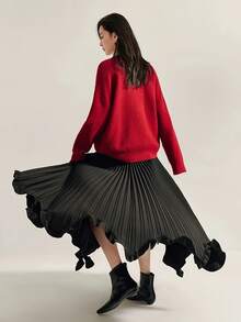 Plus Size Women's Pleated Frill Trim A-Line Skirt, Elegant Floral Petal Trim Black Spring - Black - View 3