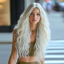 PIAOYUN 万圣节服装假发与长波浪卷发白色女士假发自然分叉合成假发日常使用耐热派对假发 - 白色 - 查看 2