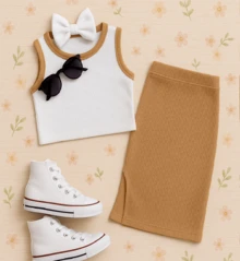 Girls' And Teen's 2-Piece Set: Cropped Tank Top And Midi Skirt, Ribbed Knit, Spring/Summer Fashion CJI003 - Beige - View 2