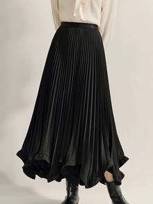 Plus Size Women's Pleated Frill Trim A-Line Skirt, Elegant Floral Petal Trim Black Spring - Black - View 2