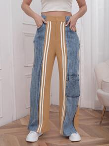 Éxito Total! Pantalones Anchos de Mezcla Rojo y Vaquero, Estilo Cargo con Rayas de Contraste - Caqui - Ver 2