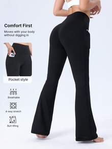 1pc Women's High Waist Lifting Tight Flare Pants, Yoga Pants, Workout Leggings With Pockets, Elastic Waistband, High Stretch, Breathable, Moisture-Wicking, Suitable For Gym, Running, Outdoor Sports, Yoga, Pilates, Dance, Ballet