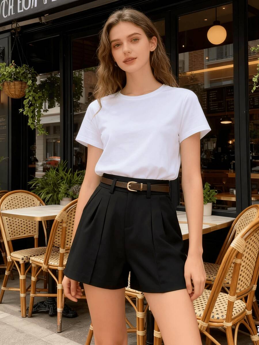 Women Summer Wide Leg Shorts With Belt Loop Solid Color High Waist Breathable Short Pants With Pockets - Black - View 1