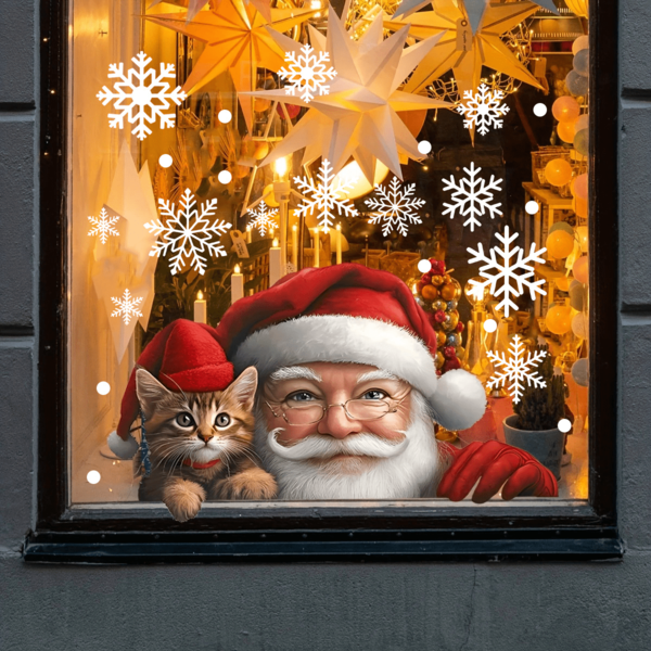 1pc Christmas Santa Claus & Kitten Static Cling Glass Sticker, Double-Sided Visible Window Decor, Self-Adhesive Snowman Sticker, No Electricity Needed, Suitable For Living Room, Bedroom, Window, Bathroom - Holiday Sticker, Removable, Creative Santa Claus & Snowflake Sticker