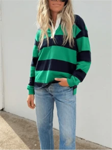 Sudadera tipo polo de mujer con bloques de color, cuello de solapa, manga larga oversize, camisa de rugby vintage - Azul Marino - Ver 1