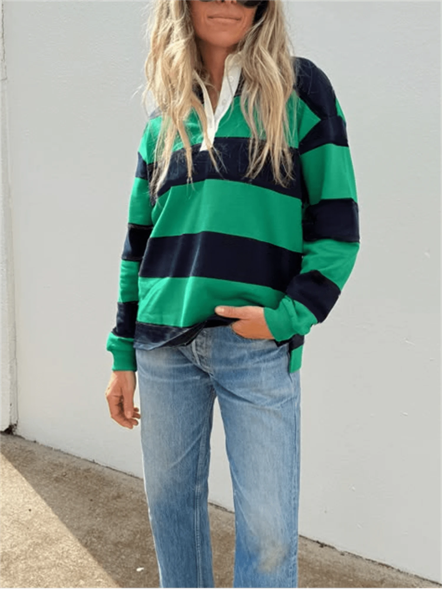 Sudadera tipo polo de mujer con bloques de color, cuello de solapa, manga larga oversize, camisa de rugby vintage - Azul Marino - Ver 1