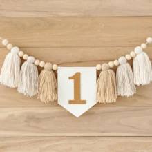 1st Birthday High Chair Banner, Tassel Floral Wreath, Boho Birthday Decorations, Khaki, Blue Gray, Green, Brown "Wild One" Tassel Garland - Khaki - View 9