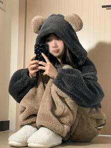 可爱卡通熊连帽卫衣，长袖拉链毛绒派对睡衣 COSPLAY 家居服，女士加厚抓绒保暖连帽衫，撞色毛绒，适合狂欢节、万圣节、音乐节、女士万圣节服装、万圣节连衣裙 - 彩色 - 查看 8