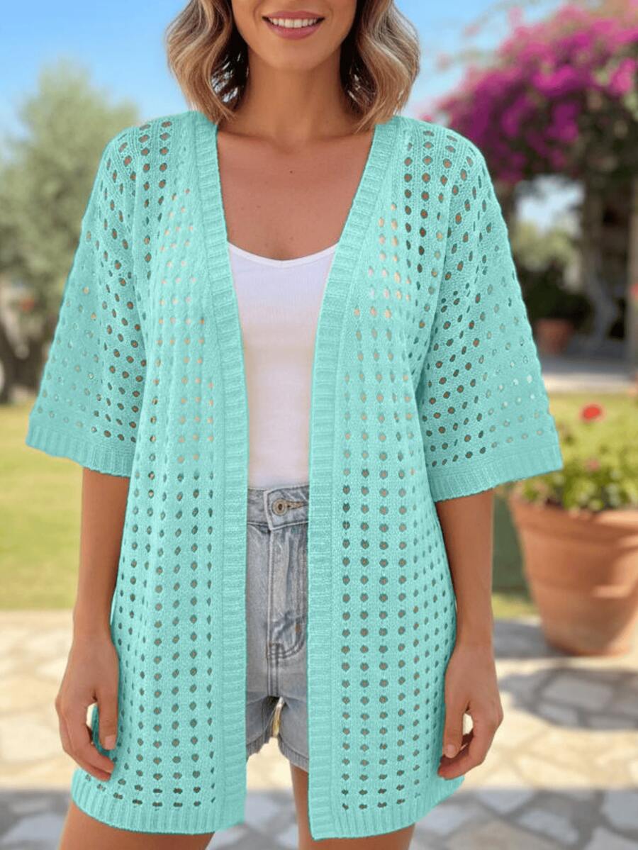 Women's Openwork Knit Kimono, Lightweight, Modern, Basic, Elegant, Casual - Verde - Ver 1