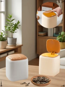 Dual Compartment Trash Can, Faux Wood Grain Finish, Large Capacity Desktop Waste Bin - Multicolor - View 2