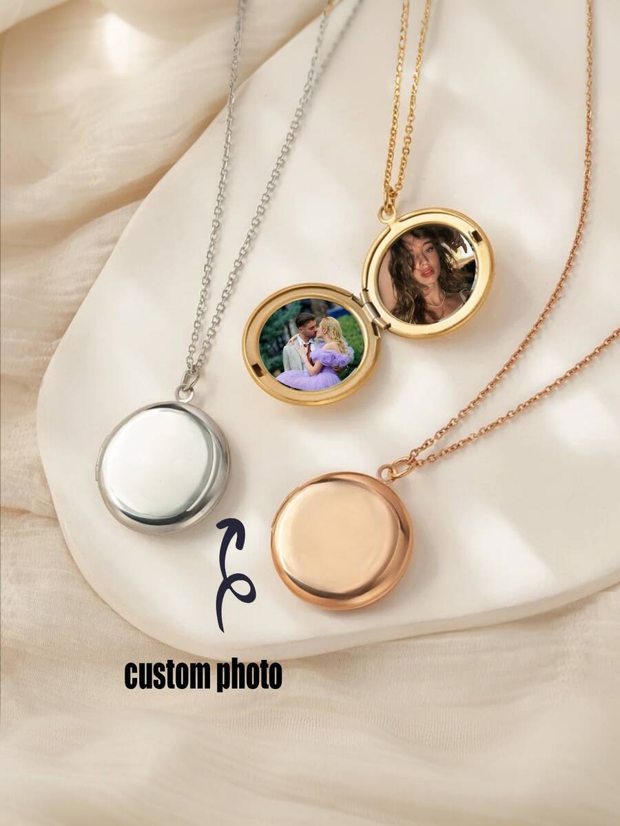 Collar con dije de medallón redondo personalizado - 2 fotos, regalo conmemorativo personalizado para ella, colgante de oro con diamante, joyería de retrato personalizada, regalo de luto con foto, en oro, plata, oro rosa, joyería, regalo de aniversario, mamá, Día de la Madre - Multicolor - Ver 1