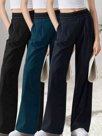 女士定制Logo弹力腰阔腿梭织休闲宽松裤，适合瑜伽、健身、户外运动及长裤穿着