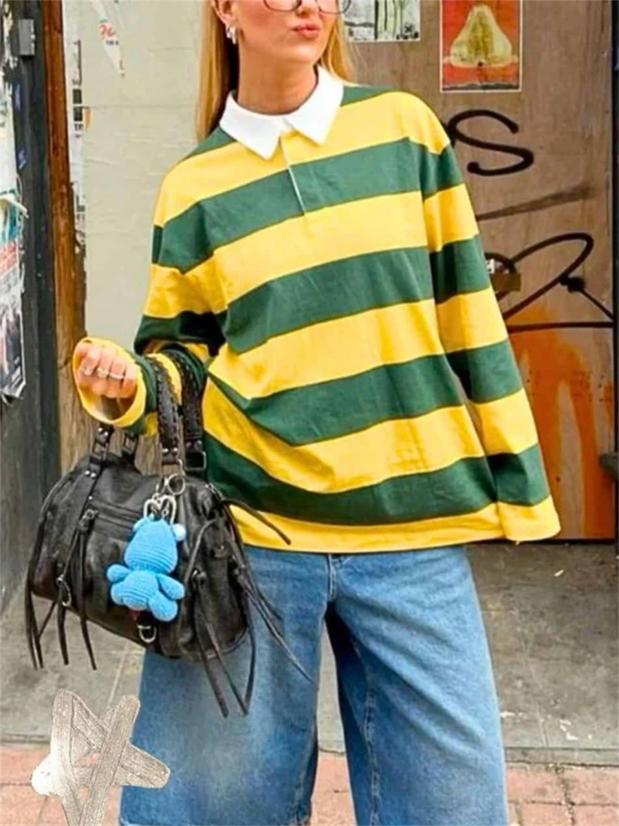 Sudadera tipo polo de mujer con bloques de color, cuello de solapa, manga larga oversize, camisa de rugby vintage - Amarillo - Ver 1