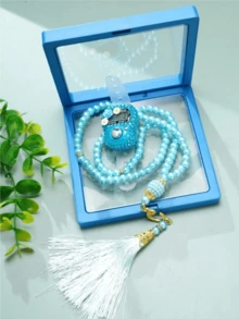 1 Set 6mm 99 Beads Muslim Prayer Beads With Rhinestone Flower Decorated Counter, 11x11x2cm Elegant Gift Box In Pink/Blue/Purple/Black/White, Luxurious Accessory For Belief & Prayer Counting