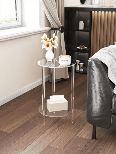 طاولة قهوة دائرية عالية اللمعان من الأكريليك بمقاس 11.8 بوصة * 11.8 بوصة * 19.69 بوصة، مناسبة للمساحات الصغيرة، طاولة جانبية للغرفة المعيشية والنوم، ذات طبقتين، خزانة ليلية/جانبية شفافة