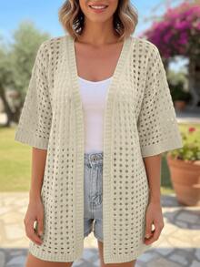 Women's Openwork Knit Kimono, Lightweight, Modern, Basic, Elegant, Casual - Amarillo Mostaza - Ver 5