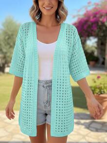 Women's Openwork Knit Kimono, Lightweight, Modern, Basic, Elegant, Casual - Verde - Ver 3