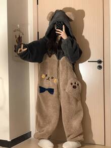 可爱卡通熊连帽卫衣，长袖拉链毛绒派对睡衣 COSPLAY 家居服，女士加厚抓绒保暖连帽衫，撞色毛绒，适合狂欢节、万圣节、音乐节、女士万圣节服装、万圣节连衣裙 - 彩色 - 查看 5