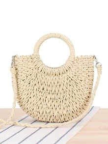 1 Stück Halbmond-Handtasche, einfacher Stil, Halbkreis Strohbeutel, handgewebter Strandtasche, modischer Strandurlaubs-Strohtasche, Urlaubstasche für Frauen, Urlaubstasche für den Sommer, perfekt für Strandurlaub, Reisen, Einkaufen und Urlaubsutensilien