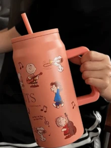 Snoopy MUSIC Orange Tumbler Cup 1500ml, Unique Design, Large Handle for Convenience, Contain PP Straw, Stainless Steel Inner Liner, Ideal for Outdoor or Indoor Use - 橘色 - 查看 4