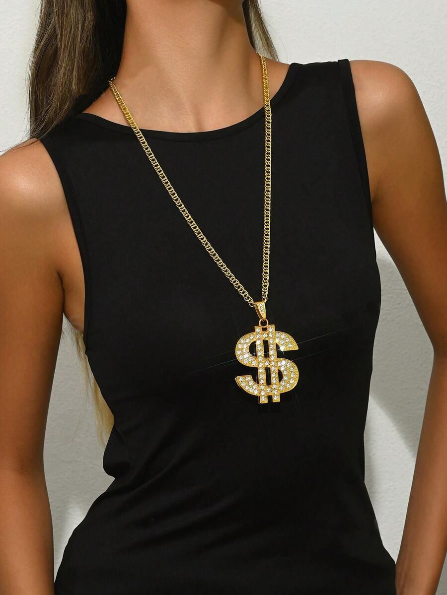 1pc Hip Hop Retro Street Style Dollar Sign Fully Iced Out Pendant Necklace, Suitable For Men And Women Hip Hop Fashion Wear, Great Gift For Friends