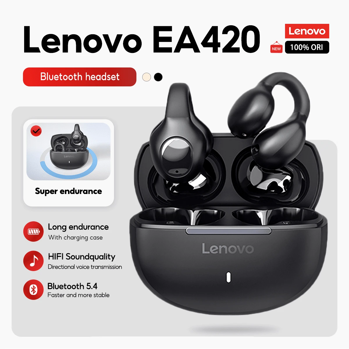 Lenovo Earbuds EA420 Sport Bluetooth 5.4 Wireless With Mic TWS U-Shaped Ear Clip Type Earphone Touch Control Long Battery Life Headphones - Một cỡ - Xem 1