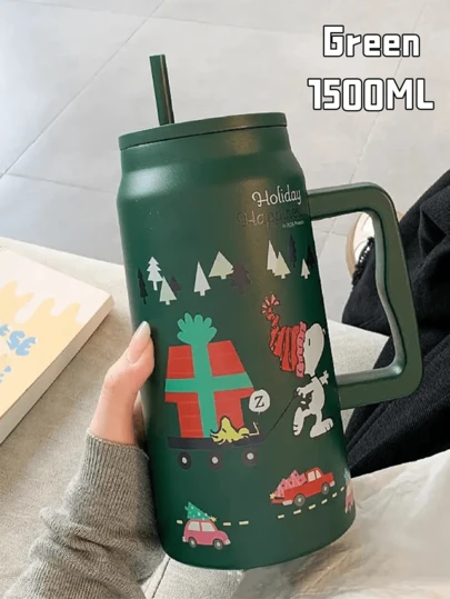 SNOOPY HAPPY HOLIDAY GreenTumbler Cup 1500ml, Unique Design, Large Handle for Convenience, Contain PP Straw, Stainless Steel Inner Liner, Ideal for Outdoor or Indoor Use