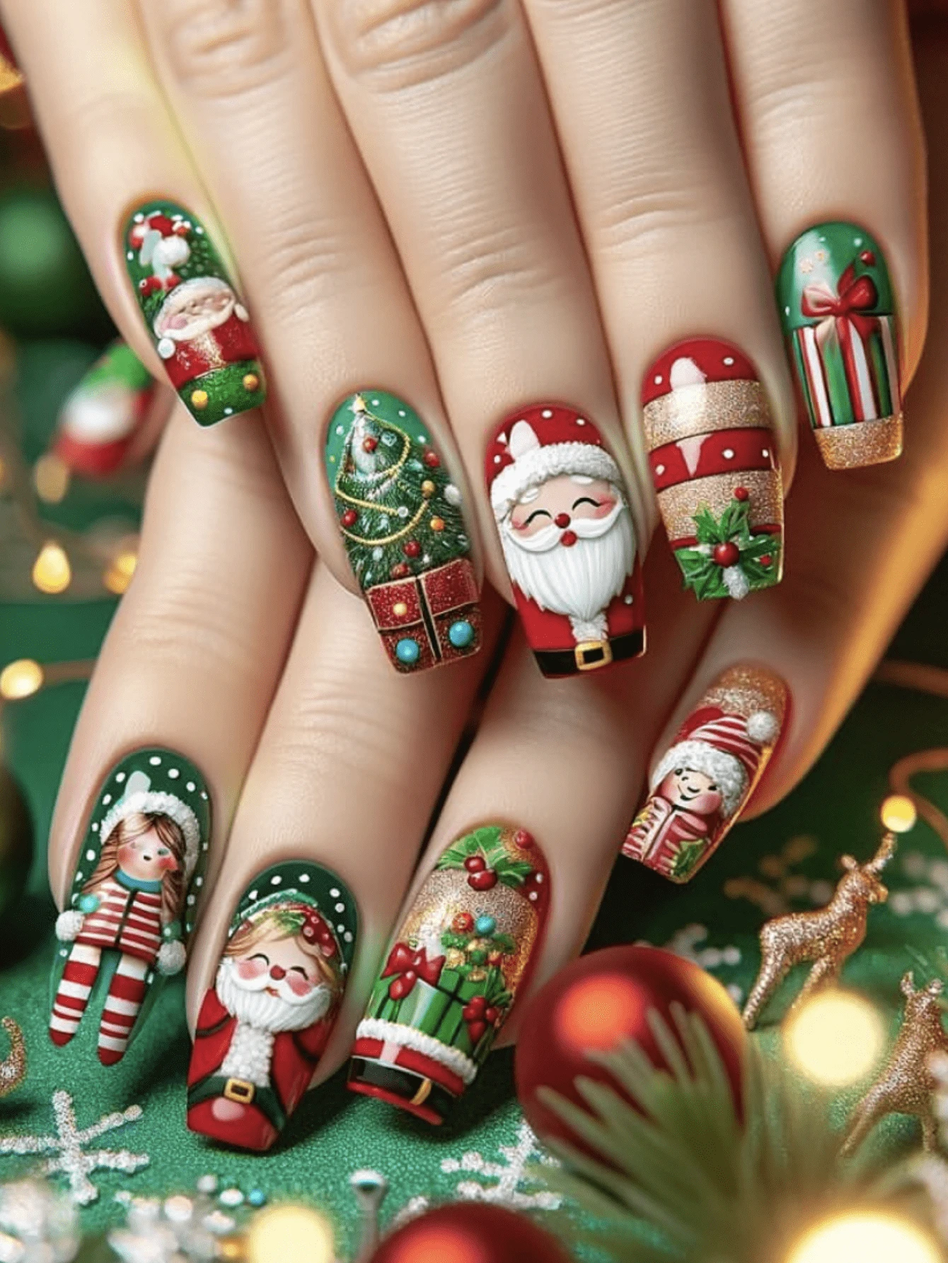 Paznokcie świąteczne, śliczne paznokcie, Święty Mikołaj, choinka, jesienne paznokcie prasowane