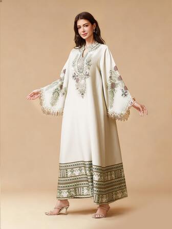 Women's Long Dress, White Beaded Tassel Elegant Dress